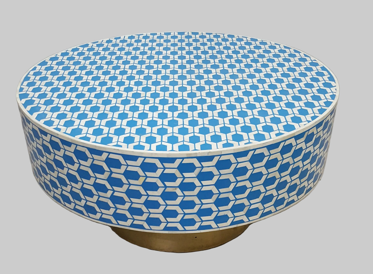 Bone Inlay Coffee Table | Round Drum Shape | Geometric Pattern | Handcrafted | 30 inch