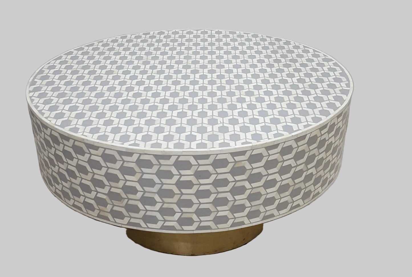 Bone Inlay Coffee Table | Round Drum Shape | Geometric Pattern | Handcrafted | 30 inch