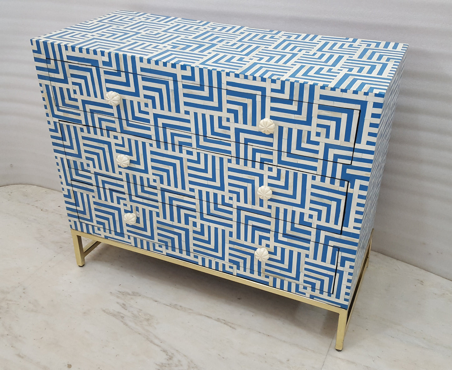 Bone Inlay Green Sideboard | 3 Drawers & Brass Legs | Geometric Pattern | Handcrafted | 38x18x34 inch