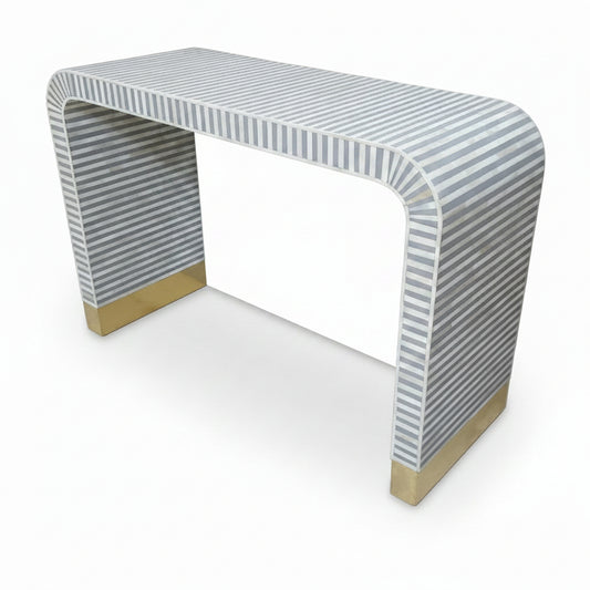 Bone Inlay Console Table | Waterfall Shape | Stripe Floral Pattern | Brass Feet | Handcrafted | 46x16x32 inch