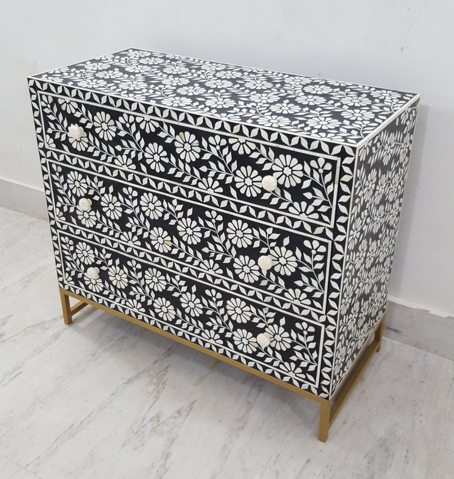 Bone Inlay Green Sideboard | 3 Drawers & Brass Legs | Geometric Pattern | Handcrafted | 38x18x34 inch