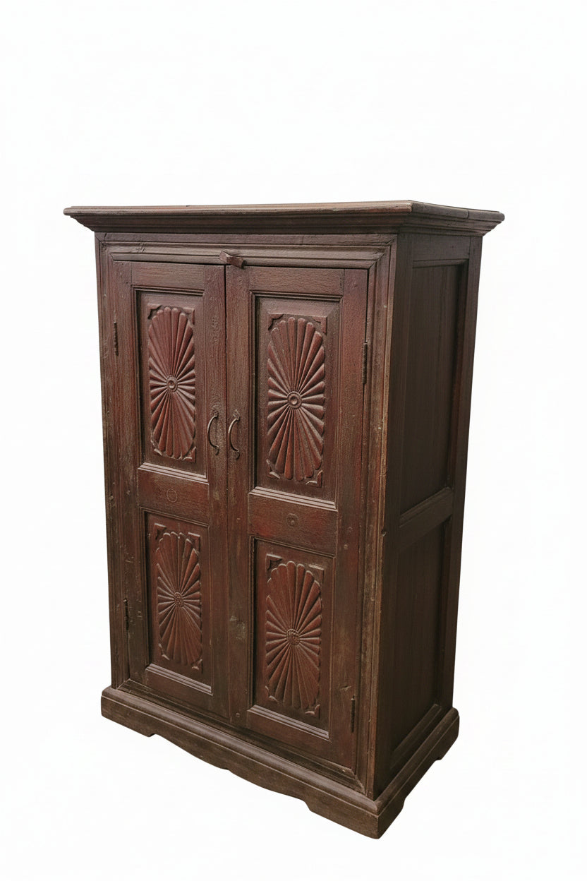 Sunburst Surajmukhi Cabinet | Vintage Indian Carved Wooden Cabinet