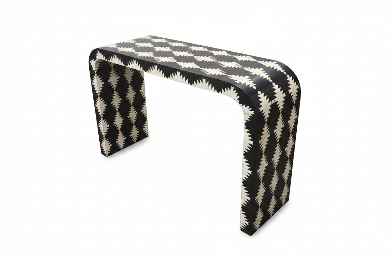 Bone Inlay Console Table | Waterfall Shape | Stripe Floral Pattern | Brass Feet | Handcrafted | 46x16x32 inch