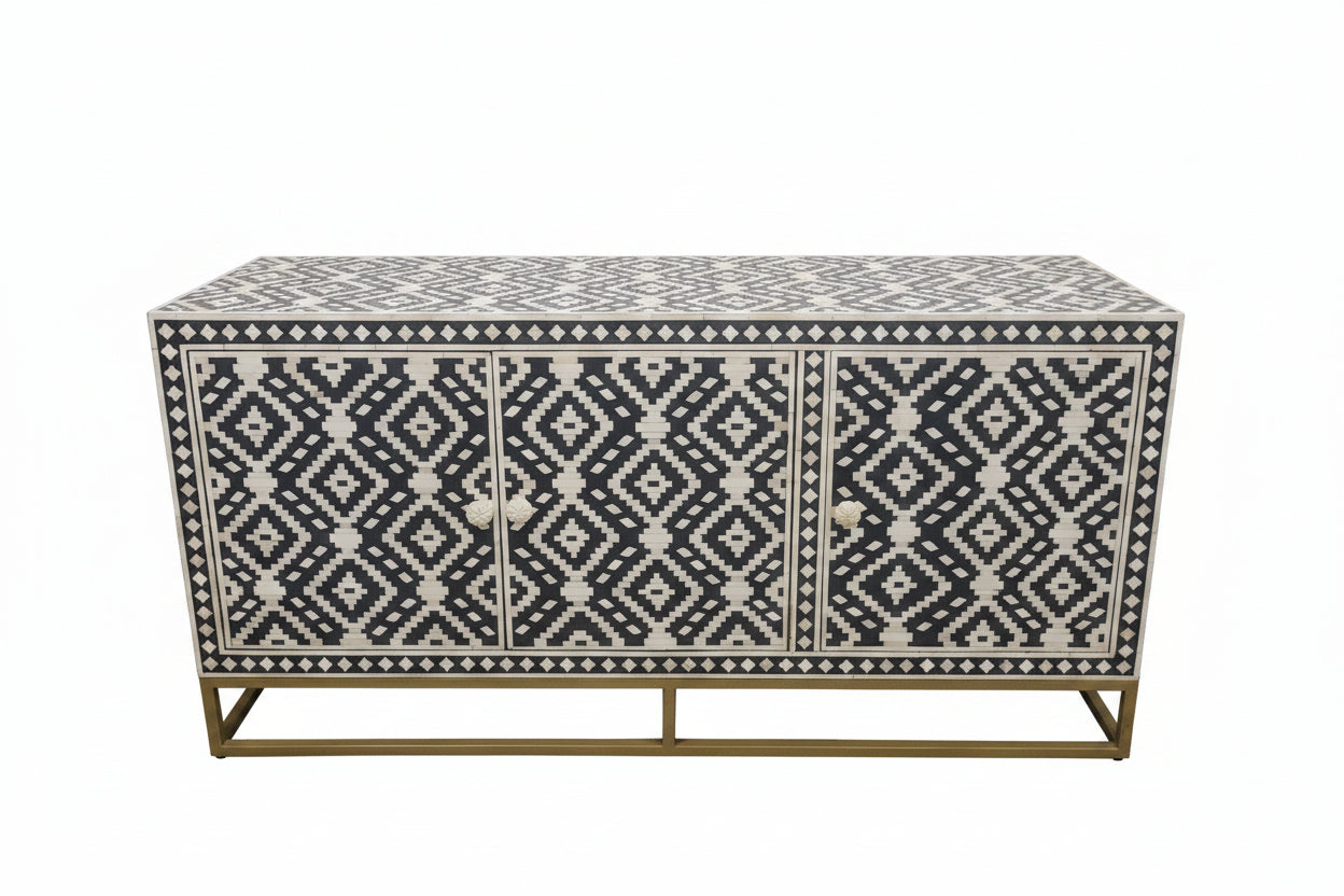 Bone Inlay Sideboard | 3 Doors | Geometric Pattern | Brass Frame | Handcrafted | 150x45x75 Cms.