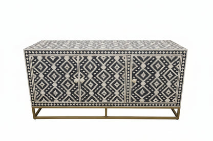 Bone Inlay Sideboard | 3 Doors | Geometric Pattern | Brass Frame | Handcrafted | 150x45x75 Cms.