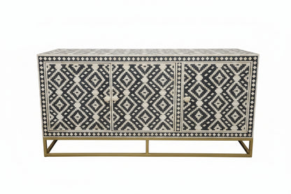Bone Inlay Sideboard | 3 Doors | Geometric Pattern | Brass Frame | Handcrafted | 150x45x75 Cms.