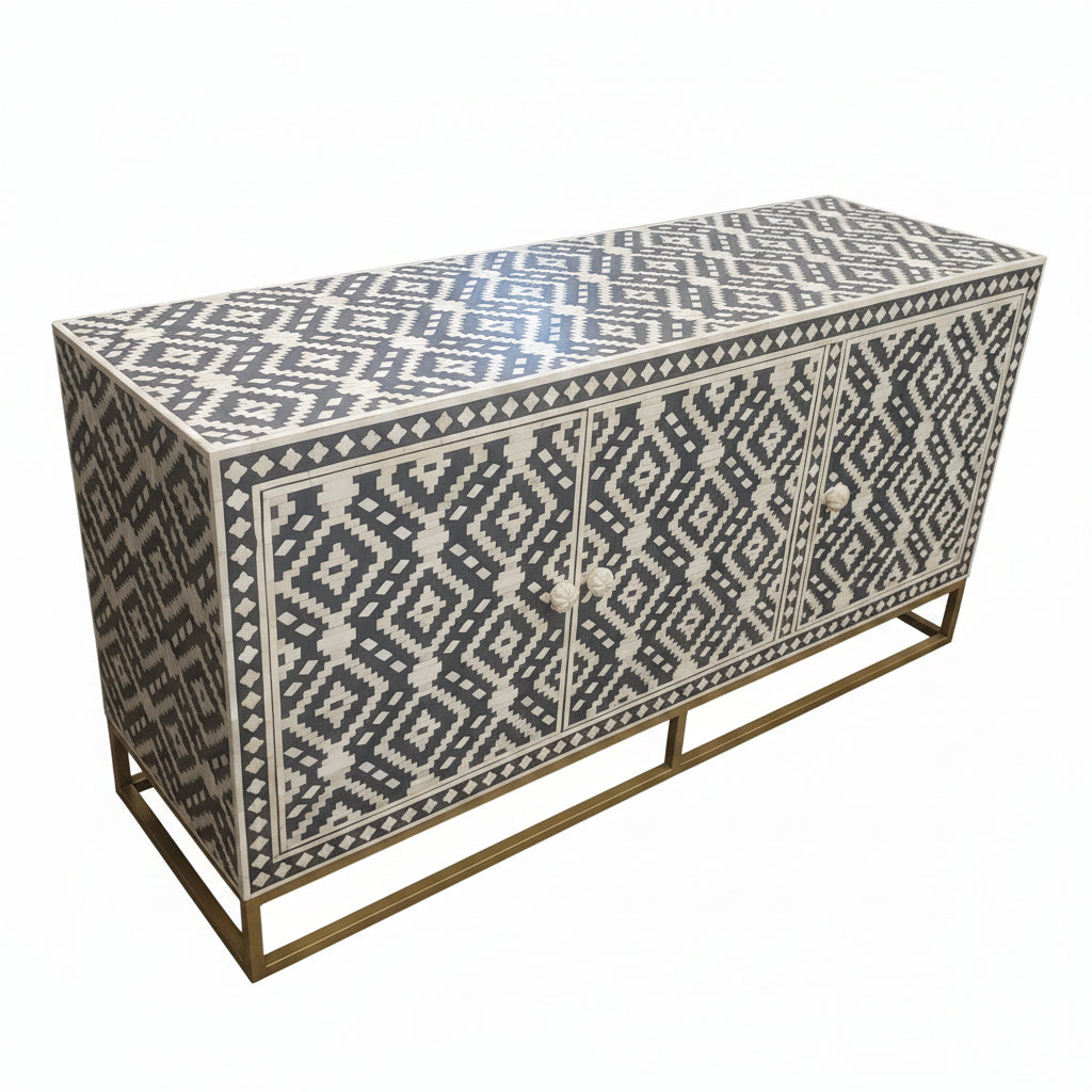 Bone Inlay Sideboard | 3 Doors | Geometric Pattern | Brass Frame | Handcrafted | 150x45x75 Cms.