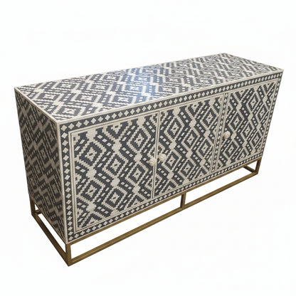 Bone Inlay Sideboard | 3 Doors | Geometric Pattern | Brass Frame | Handcrafted | 150x45x75 Cms.
