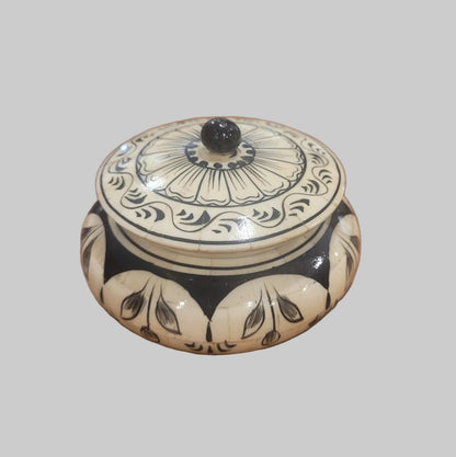 Lotus Hand Painted Round Trinket Box with Lid – Black & Cream