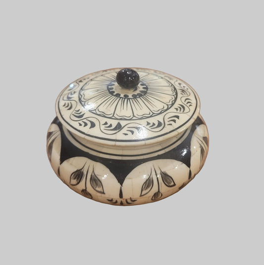 Lotus Hand Painted Round Trinket Box with Lid – Black & Cream