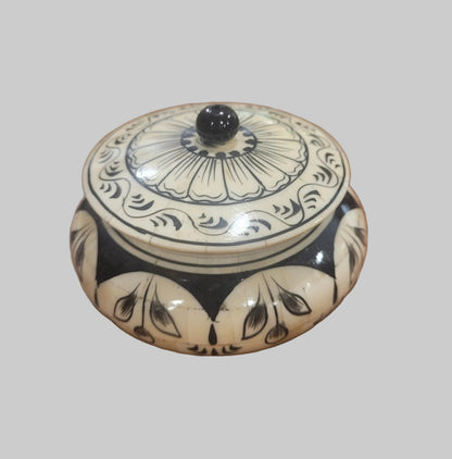 Lotus Hand Painted Round Trinket Box with Lid – Black & Cream