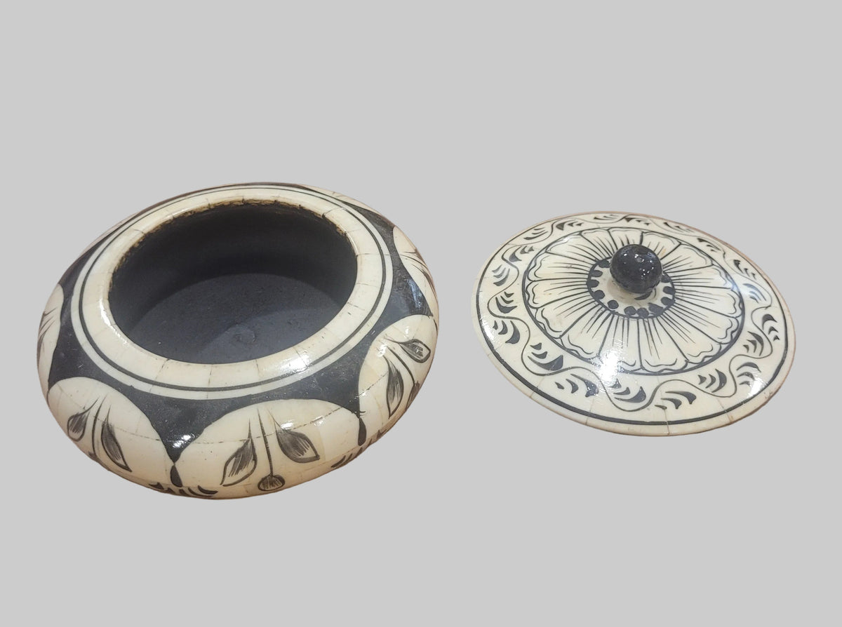 Lotus Hand Painted Round Trinket Box with Lid – Black & Cream