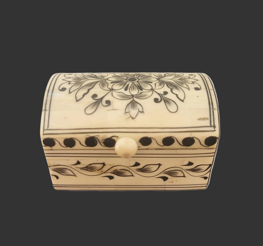 Hand-Painted Bone Dome-Top Trinket Box, Cream with Black Floral Detail