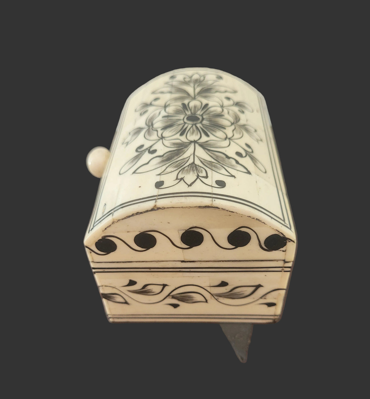 Hand-Painted Bone Dome-Top Trinket Box, Cream with Black Floral Detail