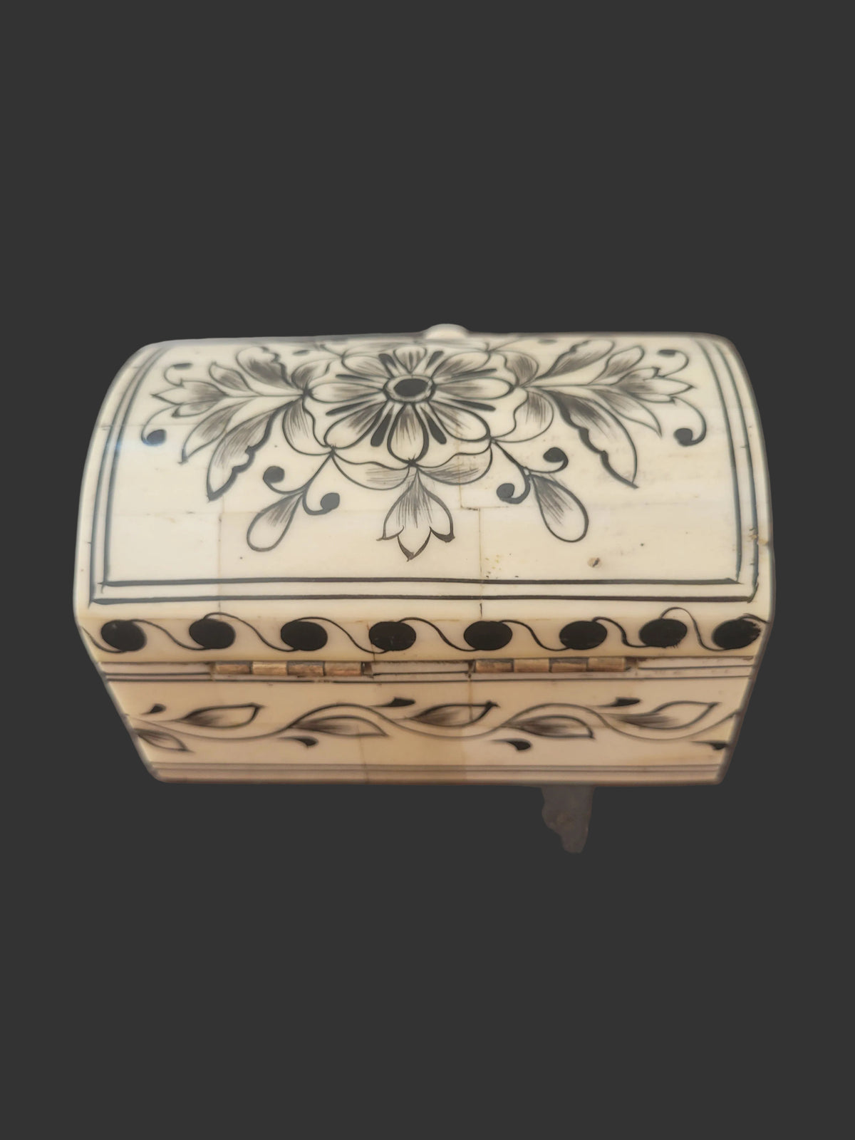 Hand-Painted Bone Dome-Top Trinket Box, Cream with Black Floral Detail