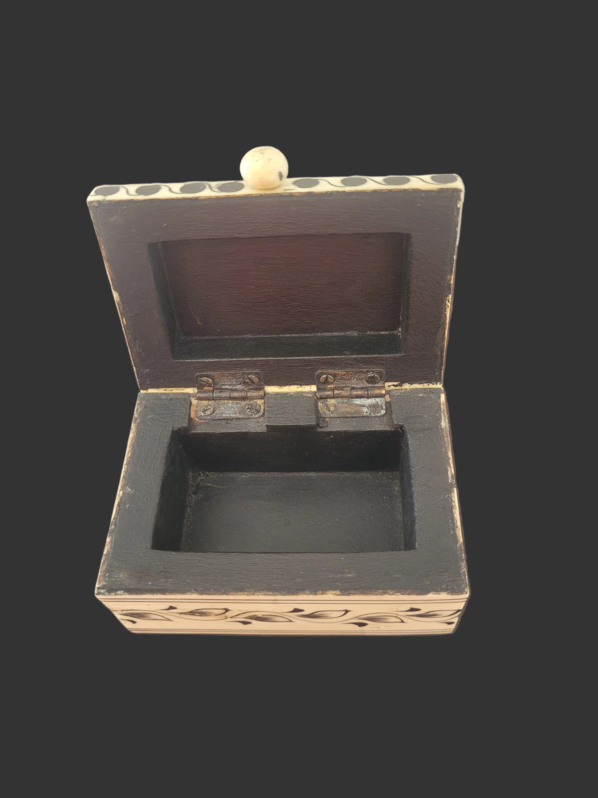 Hand-Painted Bone Dome-Top Trinket Box, Cream with Black Floral Detail