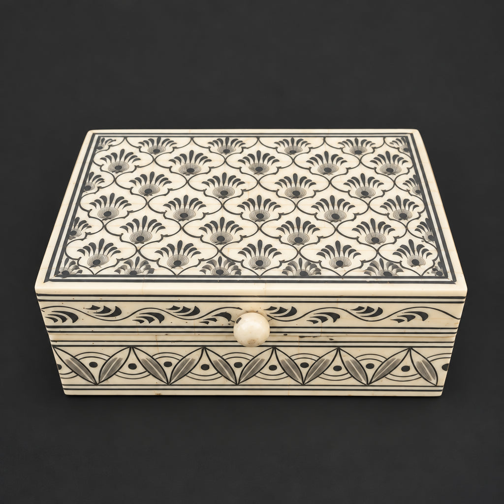 Hand-Painted Bone Inlay Trinket Box, Floral Motif