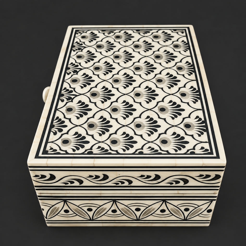 Hand-Painted Bone Inlay Trinket Box, Floral Motif