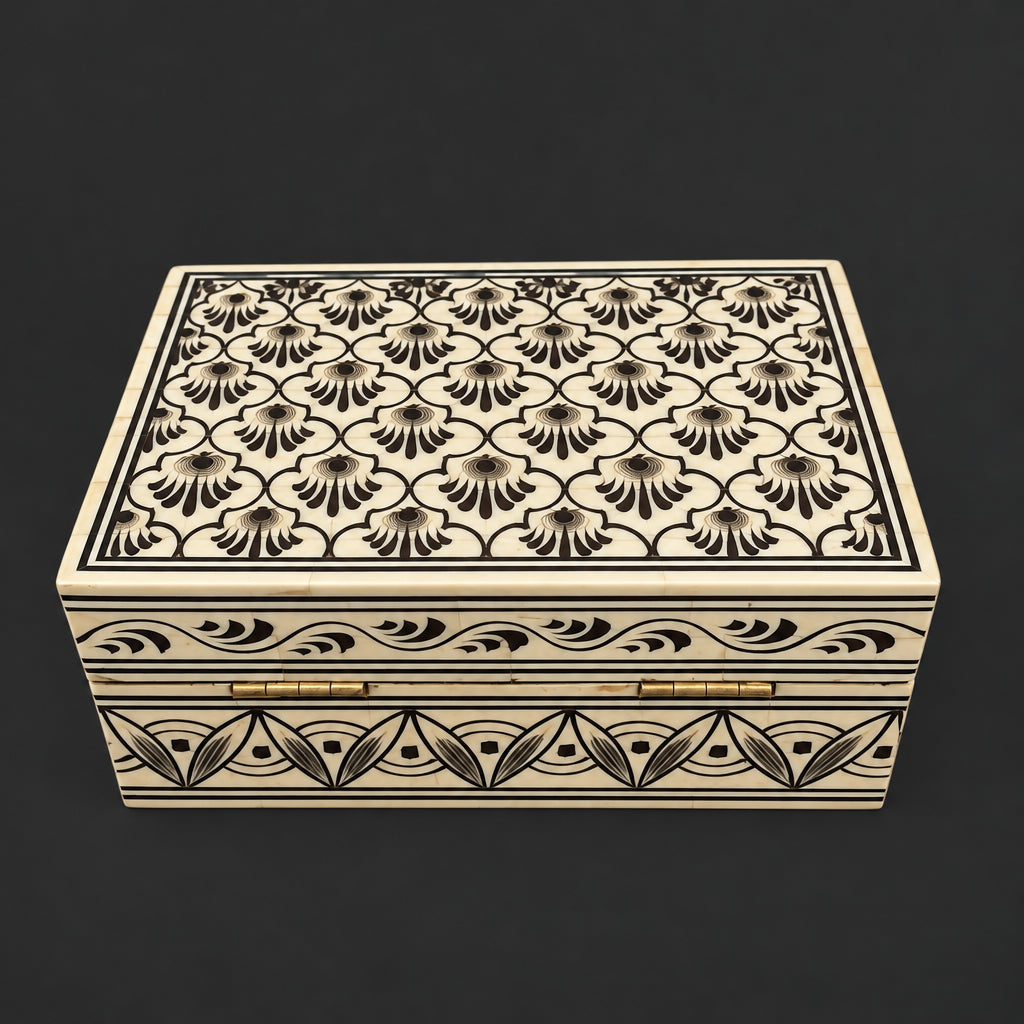 Hand-Painted Bone Inlay Trinket Box, Floral Motif
