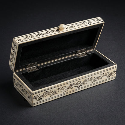 Hand-Painted Bone Box, Floral & Zigzag Design, Rectangular Keepsake Box (25 x 9 x 5.5 cm)