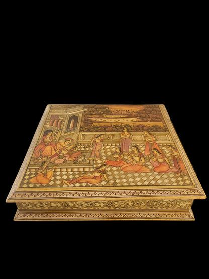 Mughal Style Indian Hand-Painted Miniature Box with Court Scene, Four-Compartment Interior