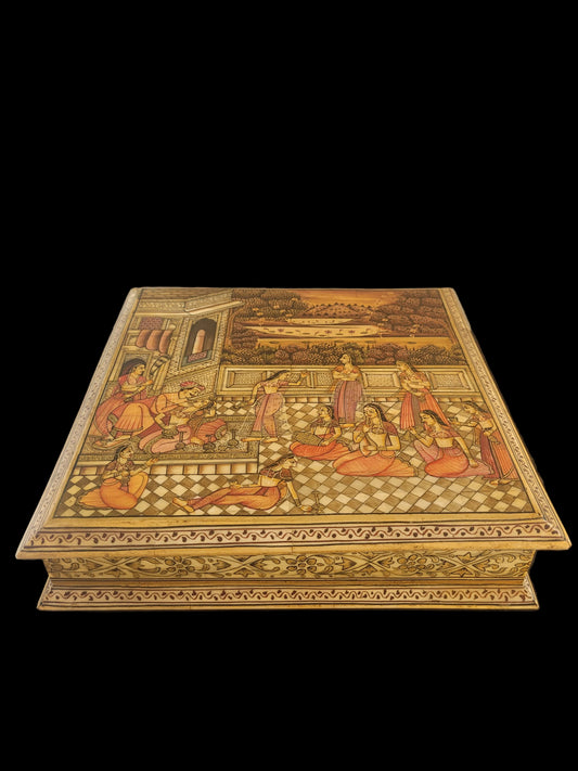Mughal Style Indian Hand-Painted Miniature Box with Court Scene, Four-Compartment Interior
