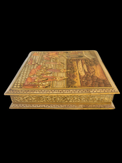 Mughal Style Indian Hand-Painted Miniature Box with Court Scene, Four-Compartment Interior