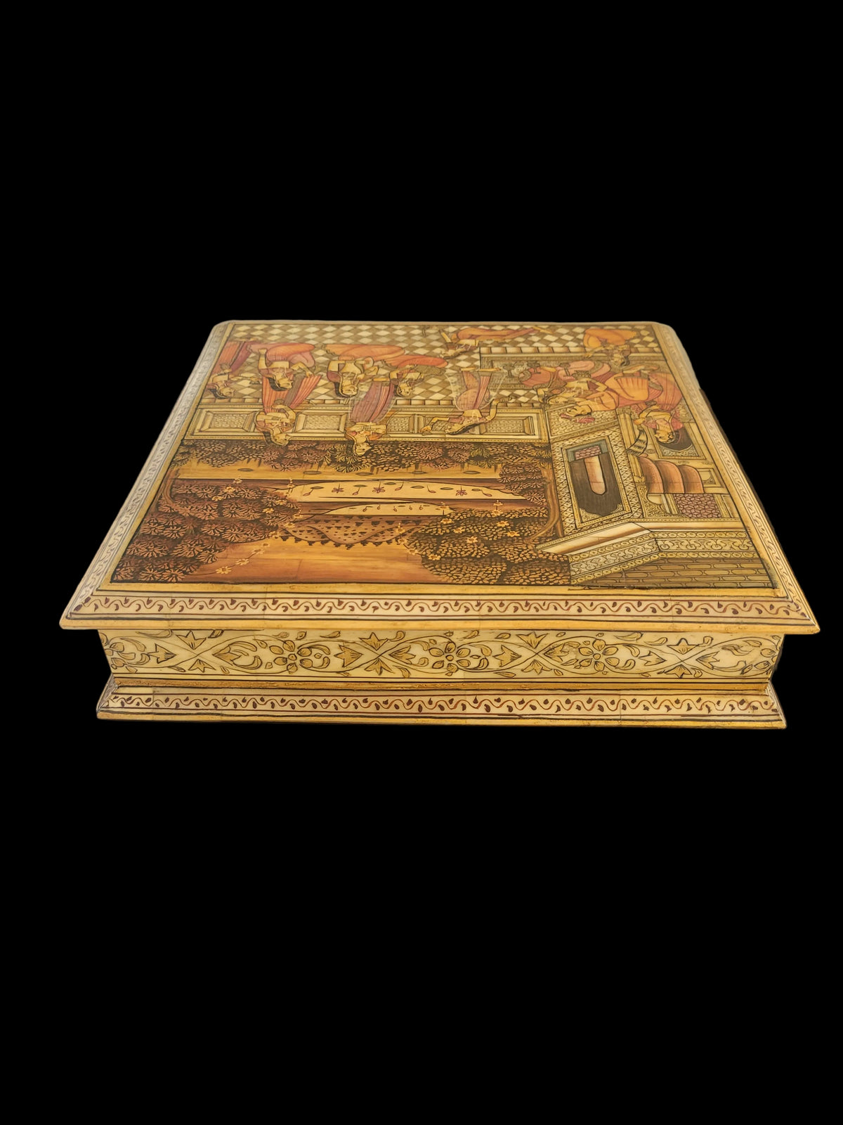 Mughal Style Indian Hand-Painted Miniature Box with Court Scene, Four-Compartment Interior