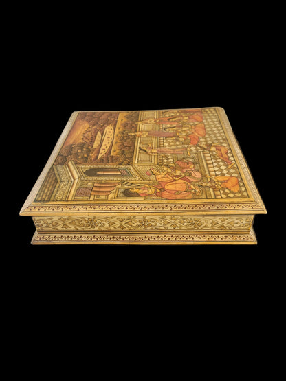 Mughal Style Indian Hand-Painted Miniature Box with Court Scene, Four-Compartment Interior