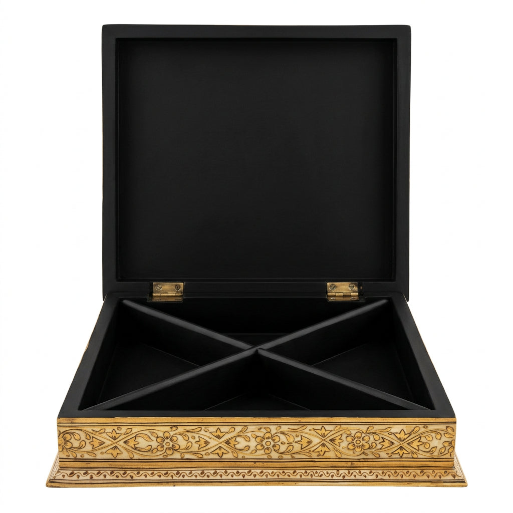 Mughal Style Indian Hand-Painted Miniature Box with Court Scene, Four-Compartment Interior