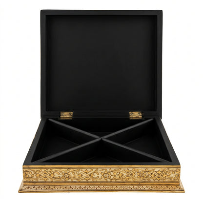 Mughal Style Indian Hand-Painted Miniature Box with Court Scene, Four-Compartment Interior