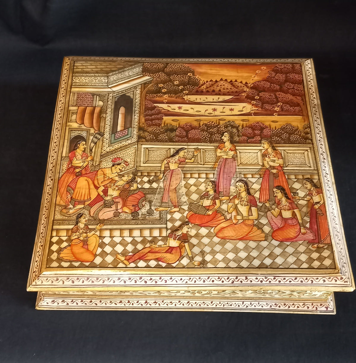 Mughal Style Indian Hand-Painted Miniature Box with Court Scene, Four-Compartment Interior