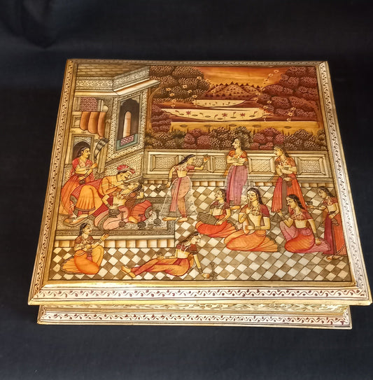 Mughal Style Indian Hand-Painted Miniature Box with Court Scene, Four-Compartment Interior