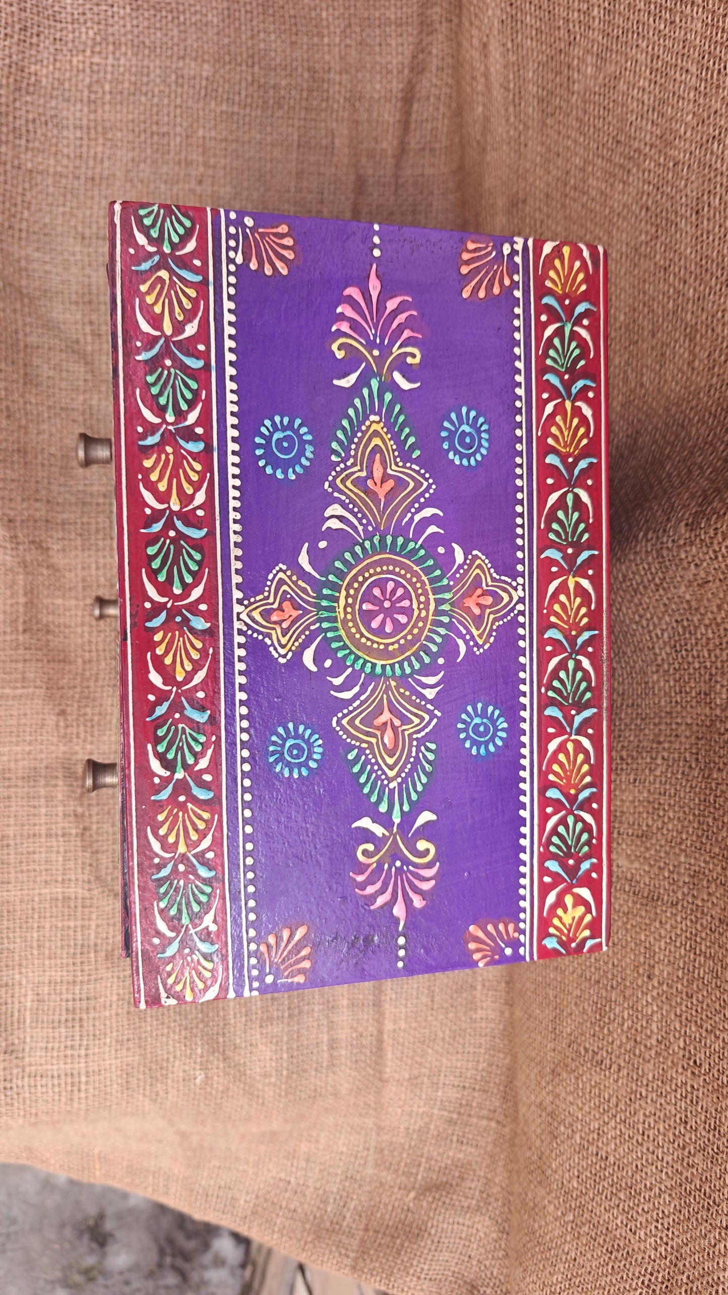 Handcrafted Painted Wood Chest with 3 Drawers | Red & Purple | Decorative Storage