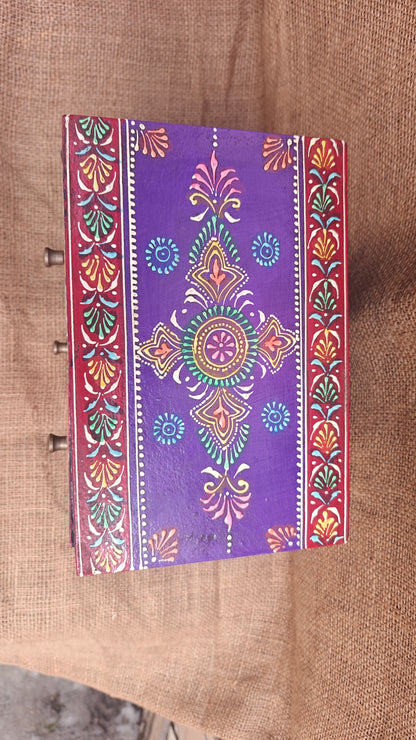 Handcrafted Painted Wood Chest with 3 Drawers | Red & Purple | Decorative Storage
