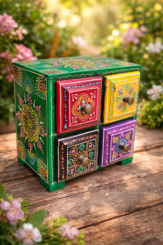 Handcrafted Painted Wood Chest with 4 Drawers | Red Yellow Green Purple | Decorative Storage