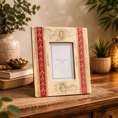 Handcrafted Indian Folk Art Photo Frame | Red & White Multicolour | 4x6 inch