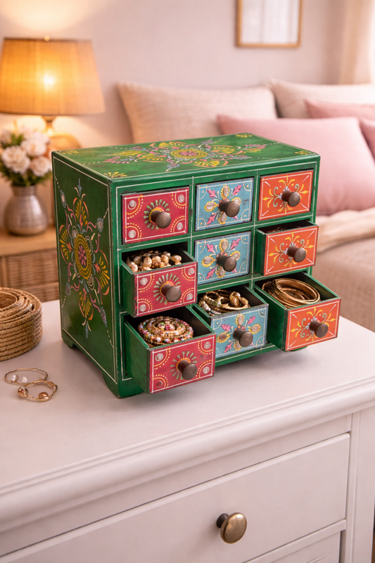 Handcrafted Painted Wood Chest with 9 Drawers | Multicolour | Large Decorative Storage