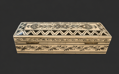 Hand-Painted Bone Box, Floral & Zigzag Design, Rectangular Keepsake Box (25 x 9 x 5.5 cm)