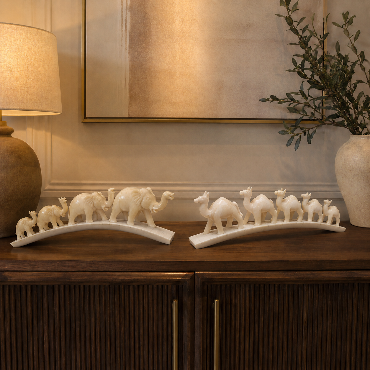 Carved Bone Animal Parade on Arch – Elephants & Camels (Set of 5)