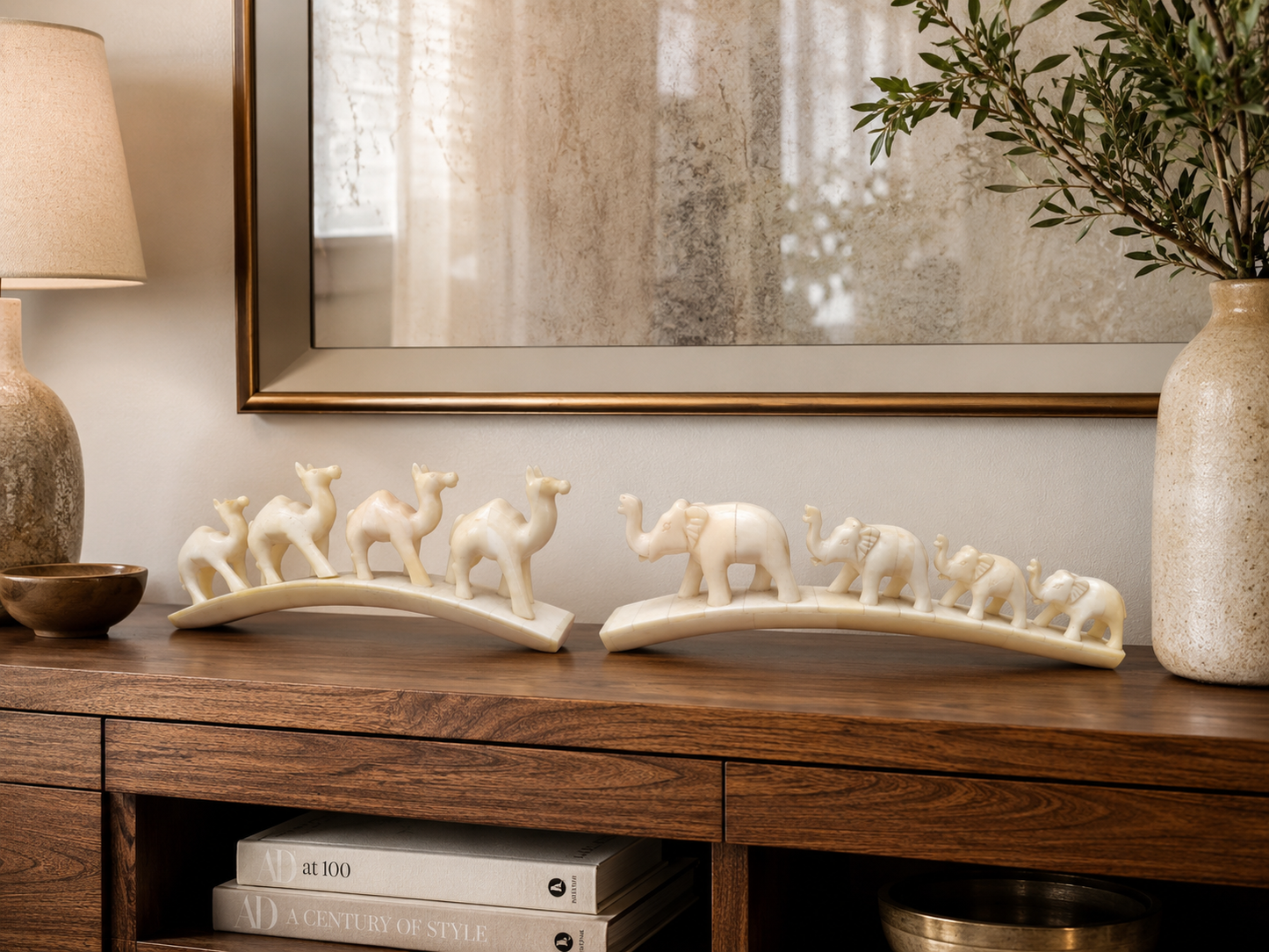 Carved Bone Animal Parade on Arch – 4 Elephants & 4 Camels