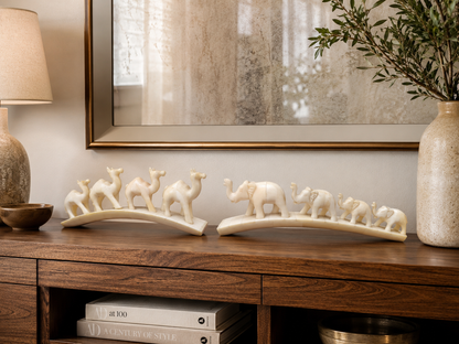 Carved Bone Animal Parade on Arch – 4 Elephants & 4 Camels