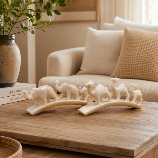 Carved Bone Animal Parade on Arch – 3 Elephants & 3 Camels