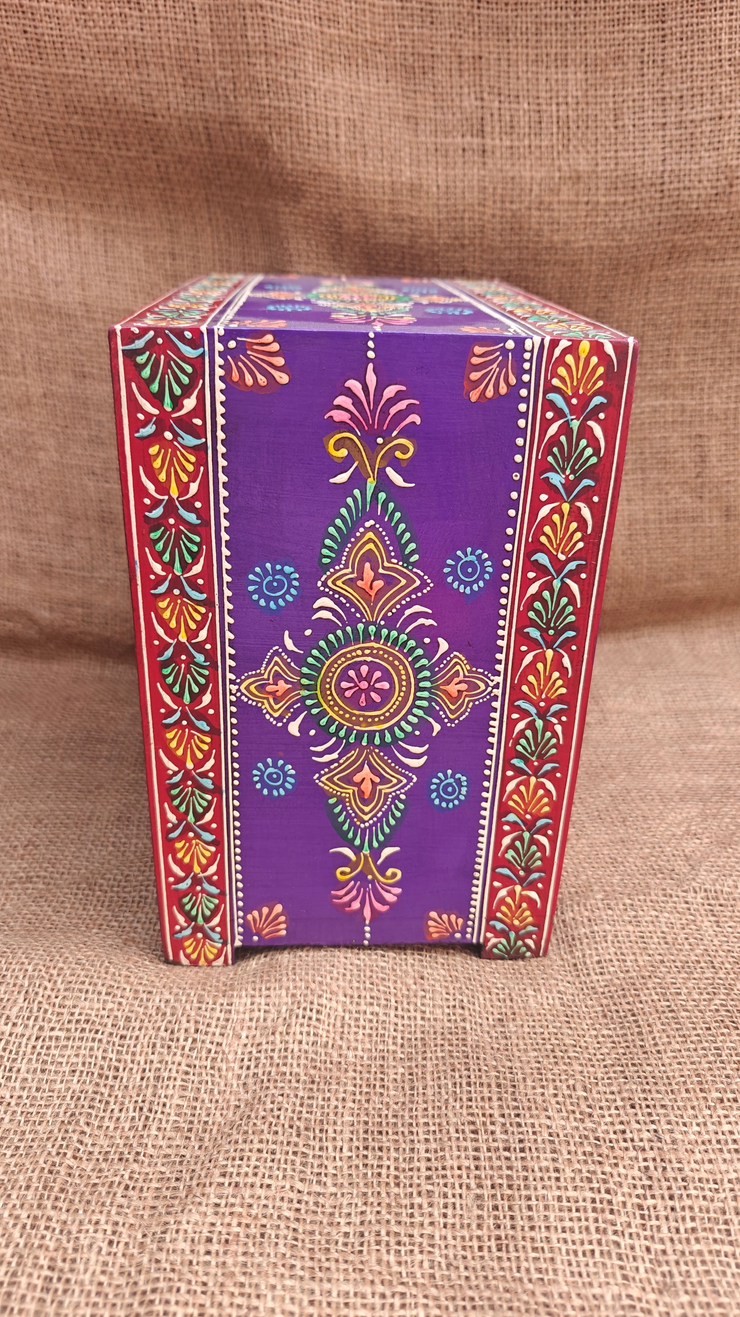 Handcrafted Painted Wood Chest with 3 Drawers | Red & Purple | Decorative Storage