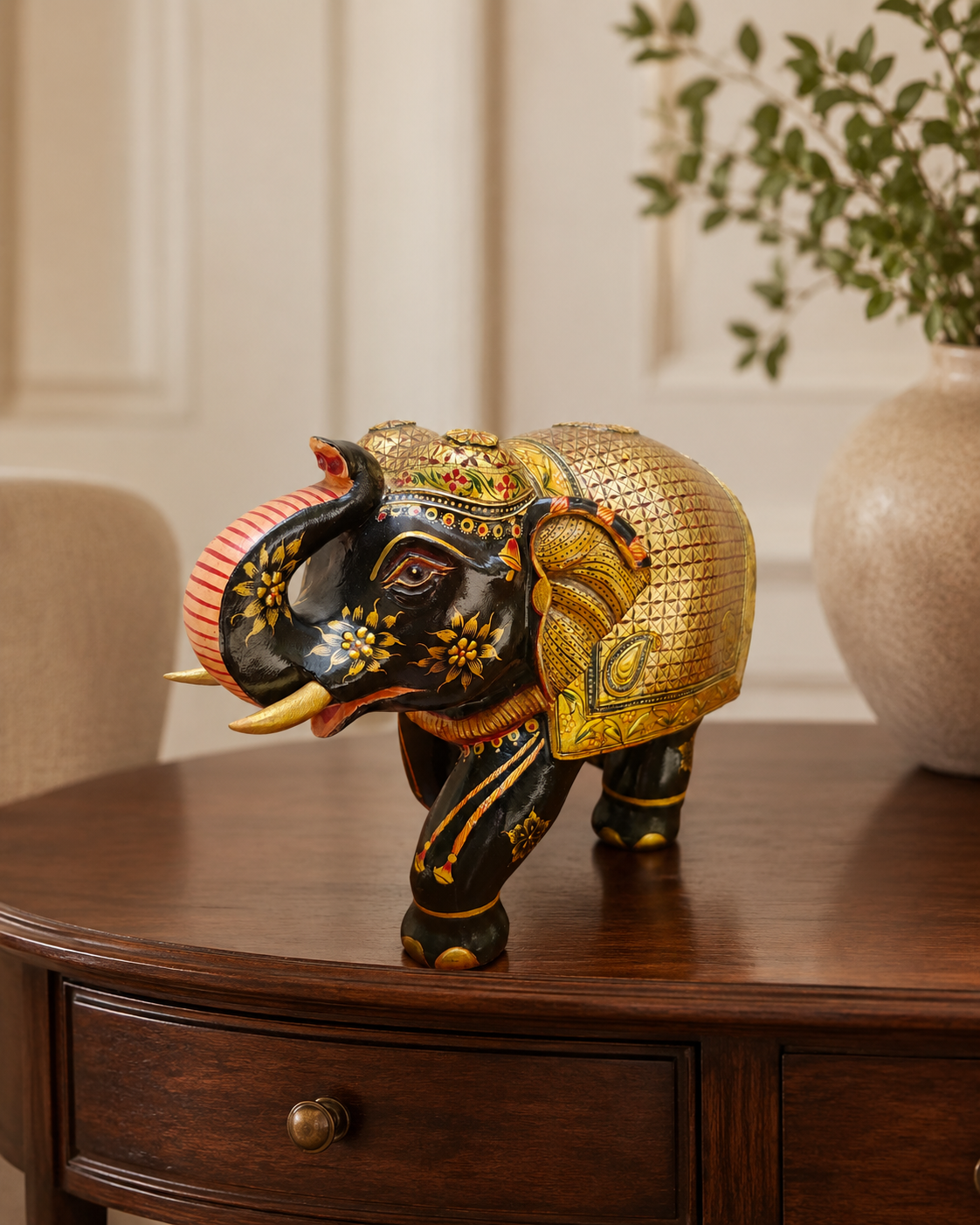 Handpainted Decorative Elephant Figurine – Black & Gold (24 cm)