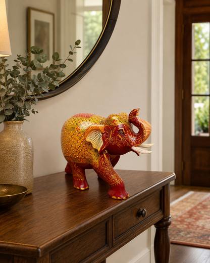 Handpainted Red & Yellow Elephant Figurine – 19 cm