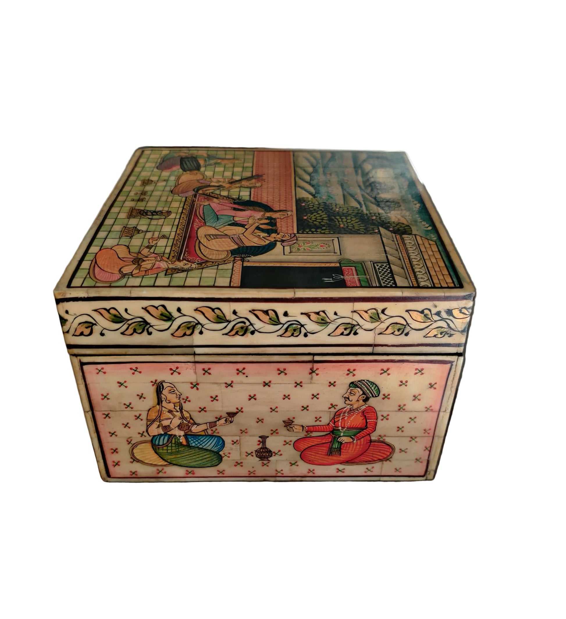 Angled view of Mughal miniature hand-painted bone and wood keepsake box