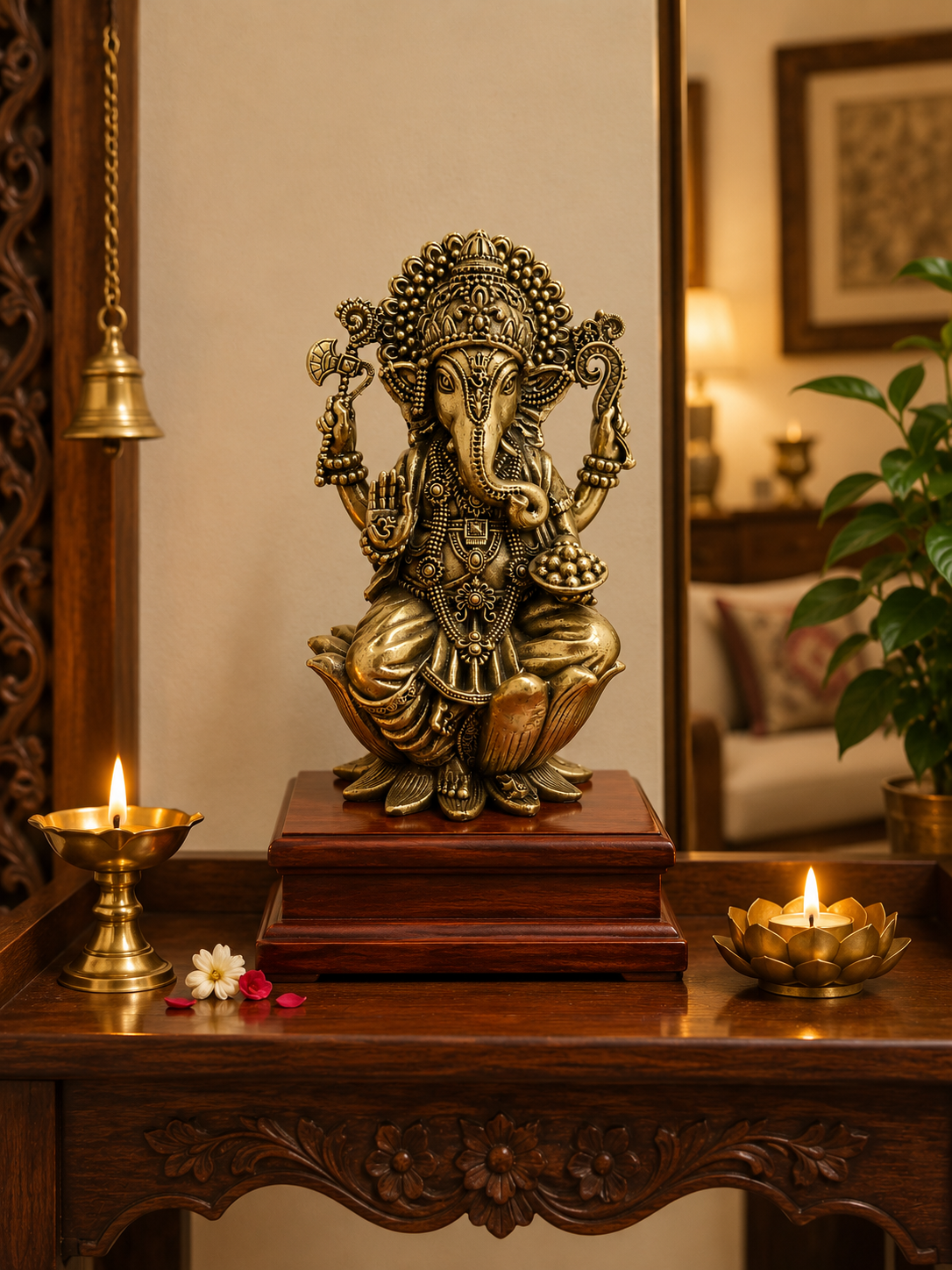 Brass Ganesha Idol on Wood Stand – 20 cm