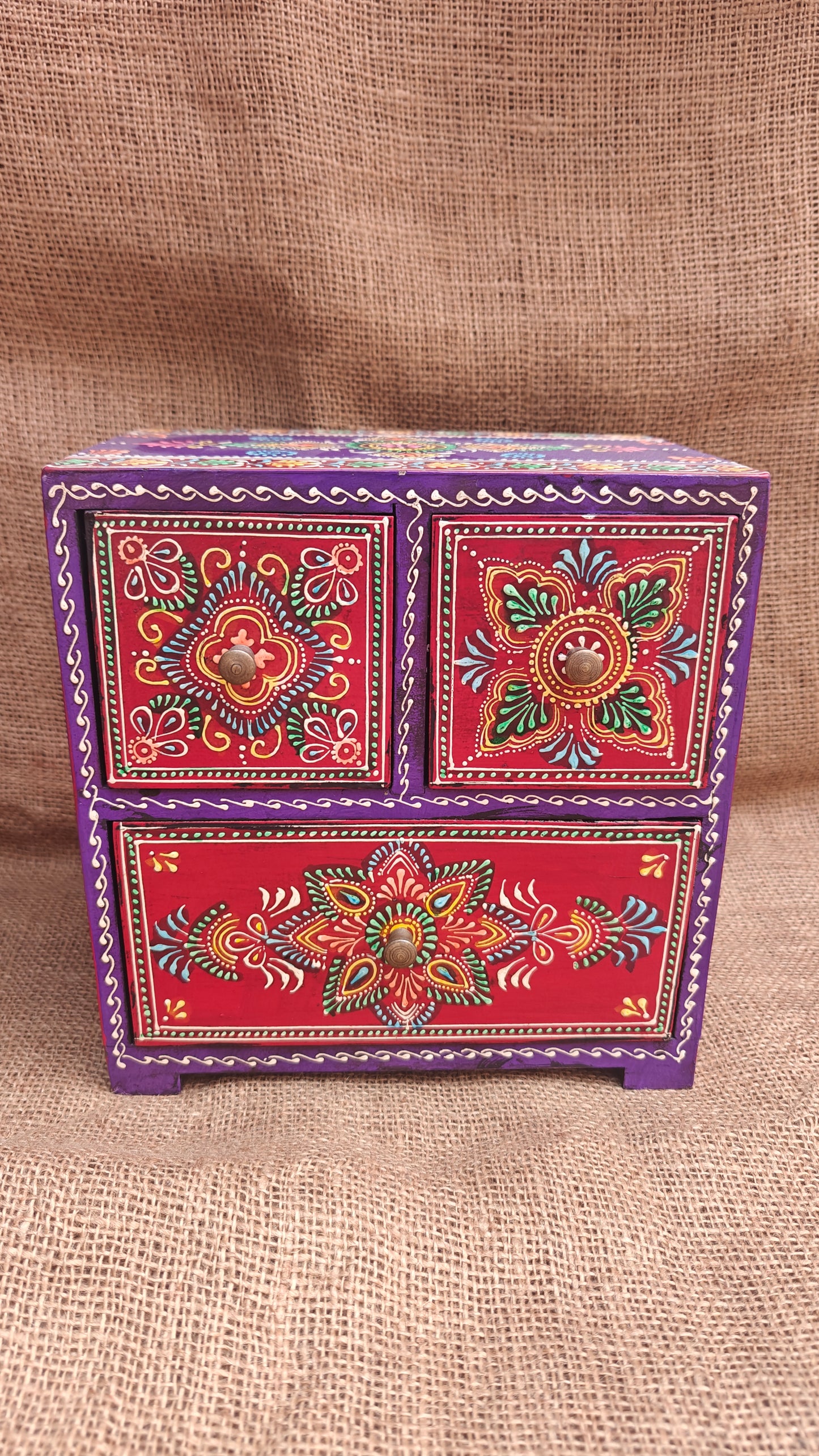 Handcrafted Painted Wood Chest with 3 Drawers | Red & Purple | Decorative Storage