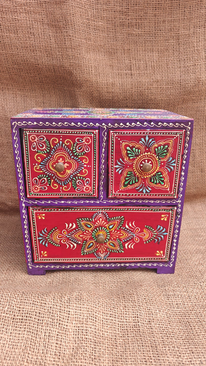 Handcrafted Painted Wood Chest with 3 Drawers | Red & Purple | Decorative Storage
